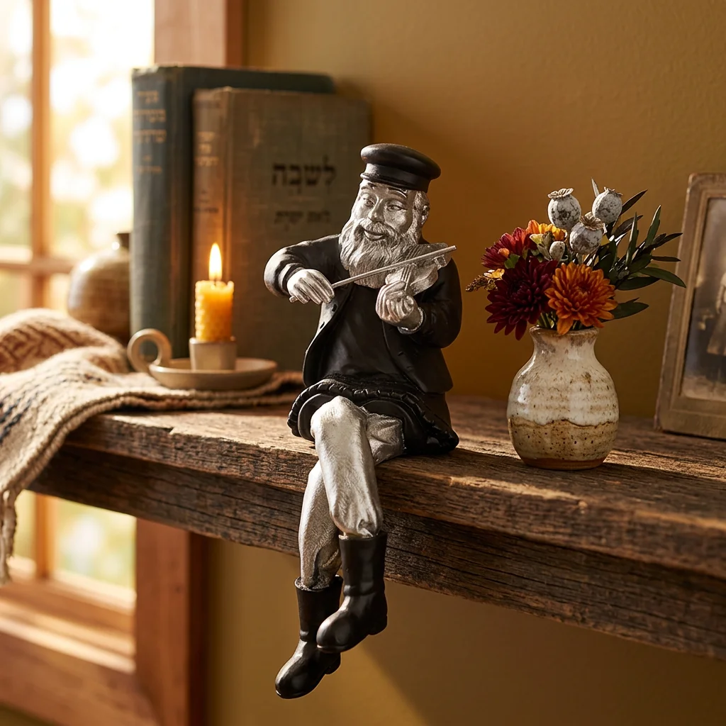 Polymer Sitting Hassidic Figurine with Cloth Legs 25 cm- Fiddler - Silver, Black