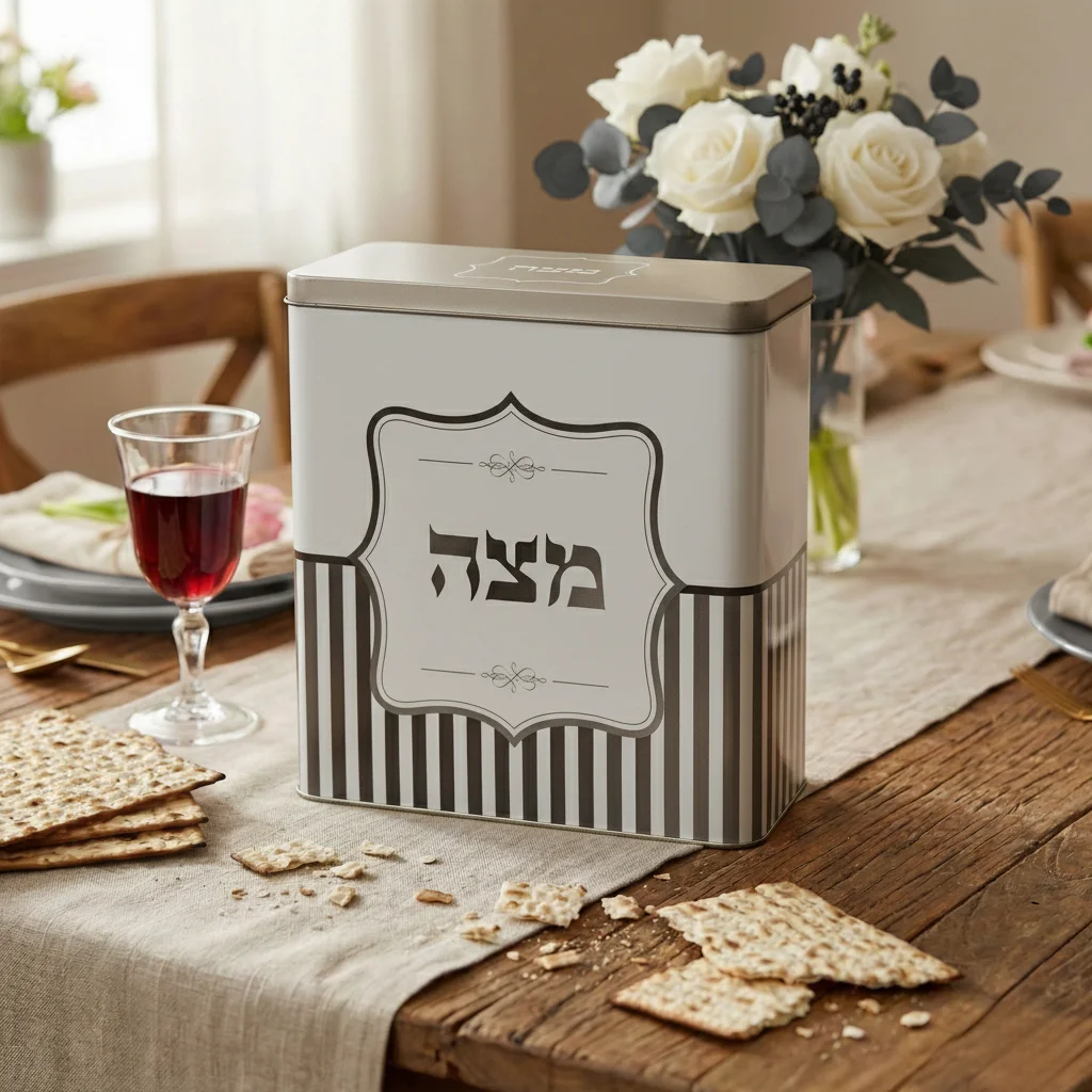 Tin Matzah Box 20.5*19 cm- Gray Stripes