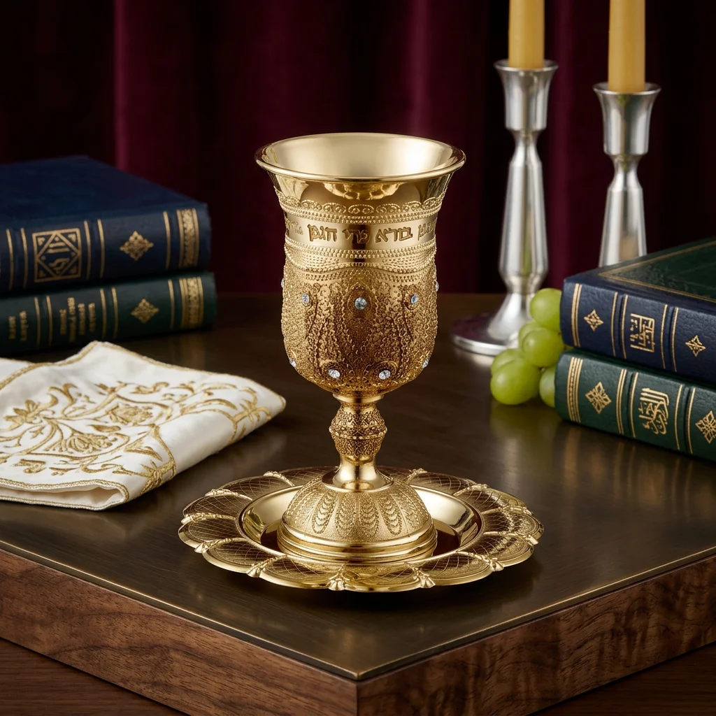 Gln Kiddush Cup "Checkered" Filigree, 13 cm Contain 120ml // 4.06oz - Gold