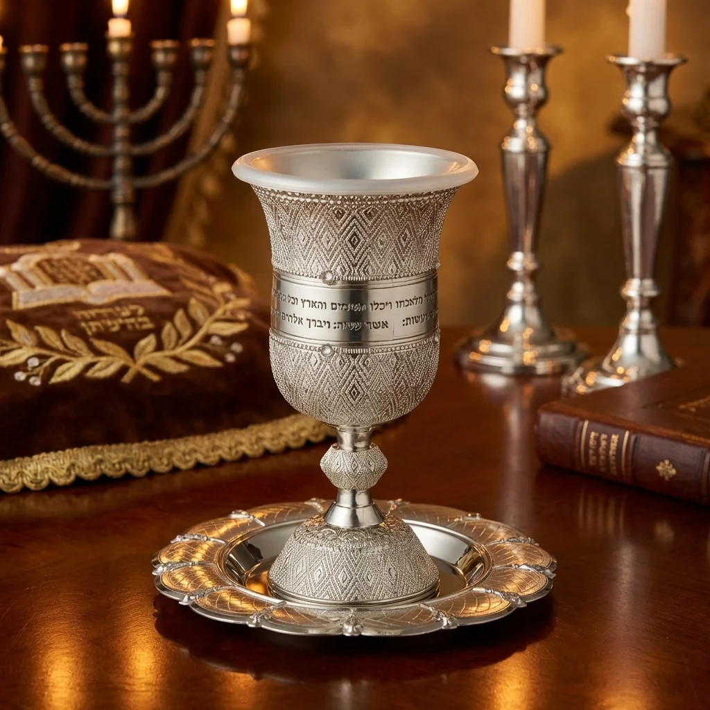 Nickel Kiddush Cup 15 cm with Saucer Filigree with Checkered Design Contain 100ml // 3.4oz