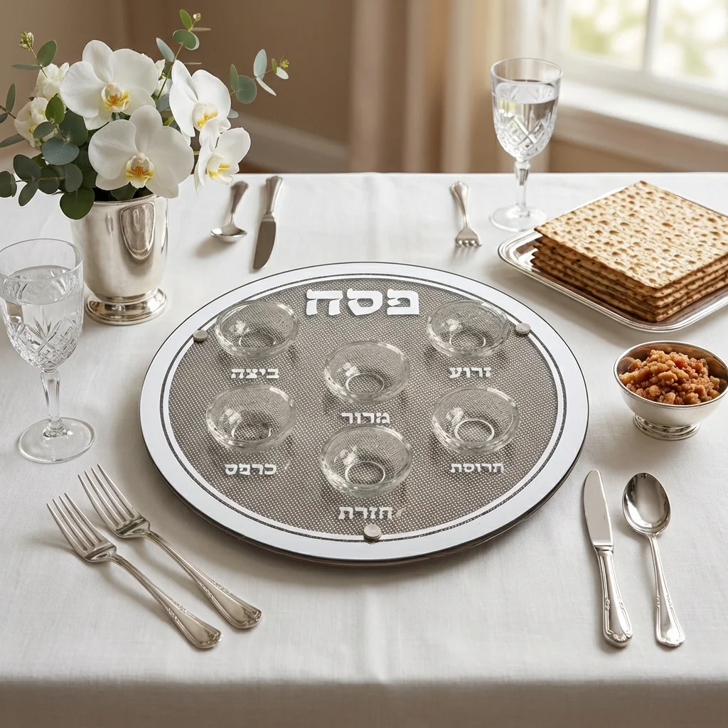 Glass Passover Tray with Stones 36 cm, Inc. 6 Bowls