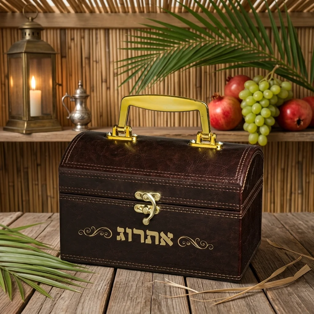Leatherette Etrog Box with Handle & Lock 13*19*11 cm - Brown