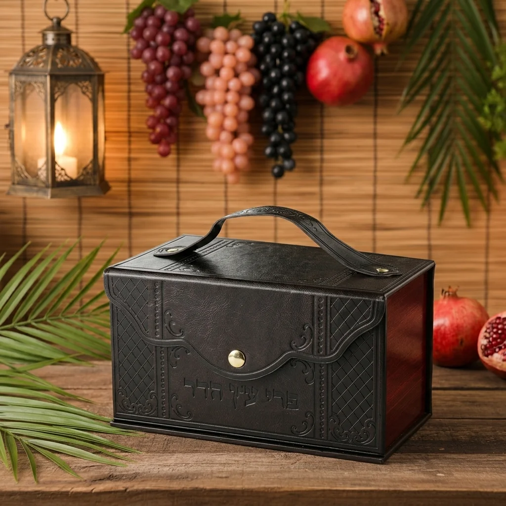 Leatherette Etrog Box Metal Plaque, Handle & Lock 13*19*11 cm - Brown