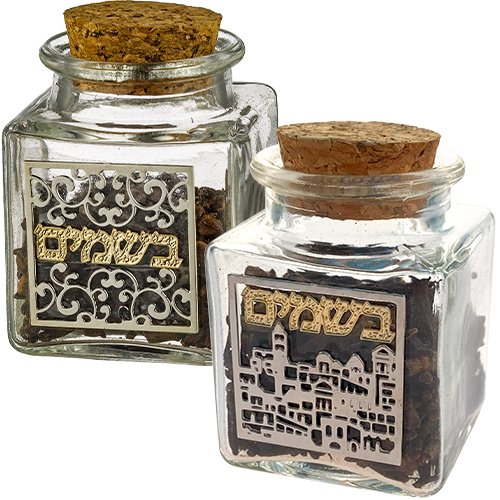 Glass Besamim Holder with Metal Plaque, Assorted Designs 6 cm
