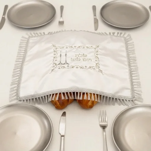 Satin Challah Cover with Rectangular Silver & Gold Embroidery "Shabbat Candles" 48x58 cm - White