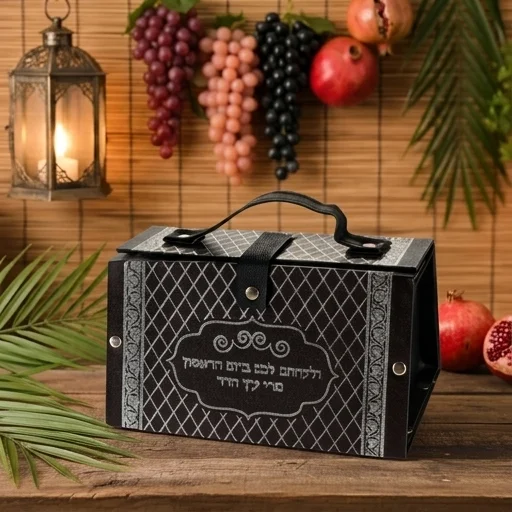 Faux Leather Etrog Box 11x19x13 cm- with Silver Diamond Shape Print