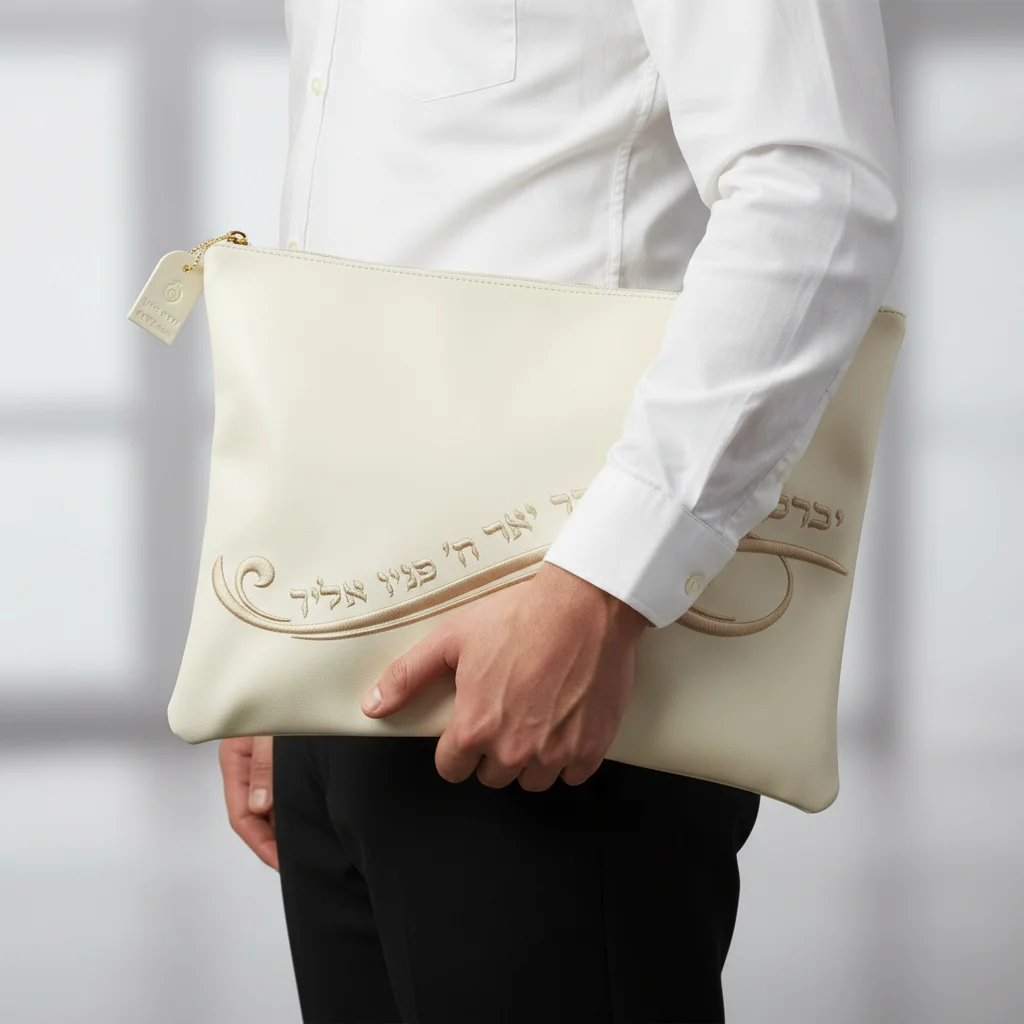 Leatherette Talit - Tefilin Set 36*29 cm - White, with Embroidery