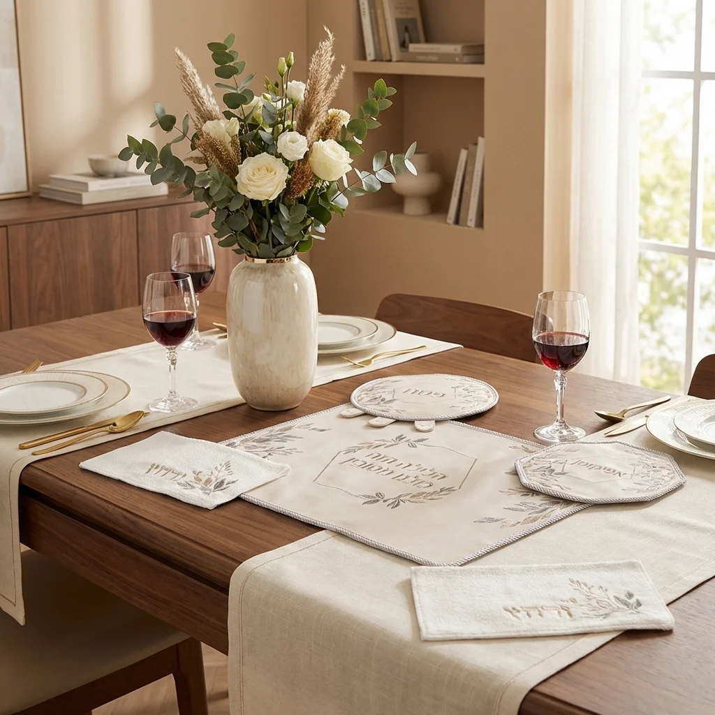 Leatherette Passover 4 pcs Set: Matzah, Afikoman, Cover - White, with Embroidery, with Stones