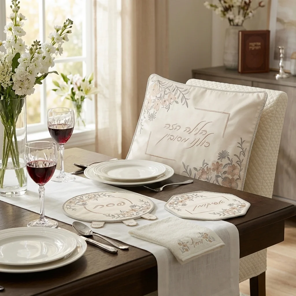 Leatherette Passover 4 pcs Set: Matzah, Afikoman, Cover - White, with Embroidery, with Stones