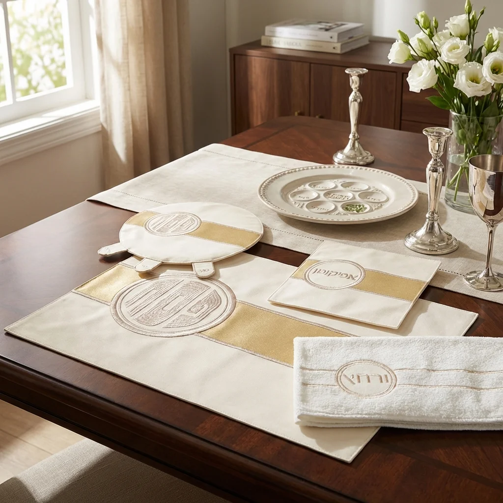 Leatherette 4 pcs Passover Set: Pillow, Passover & Afikoman Covers with Towel