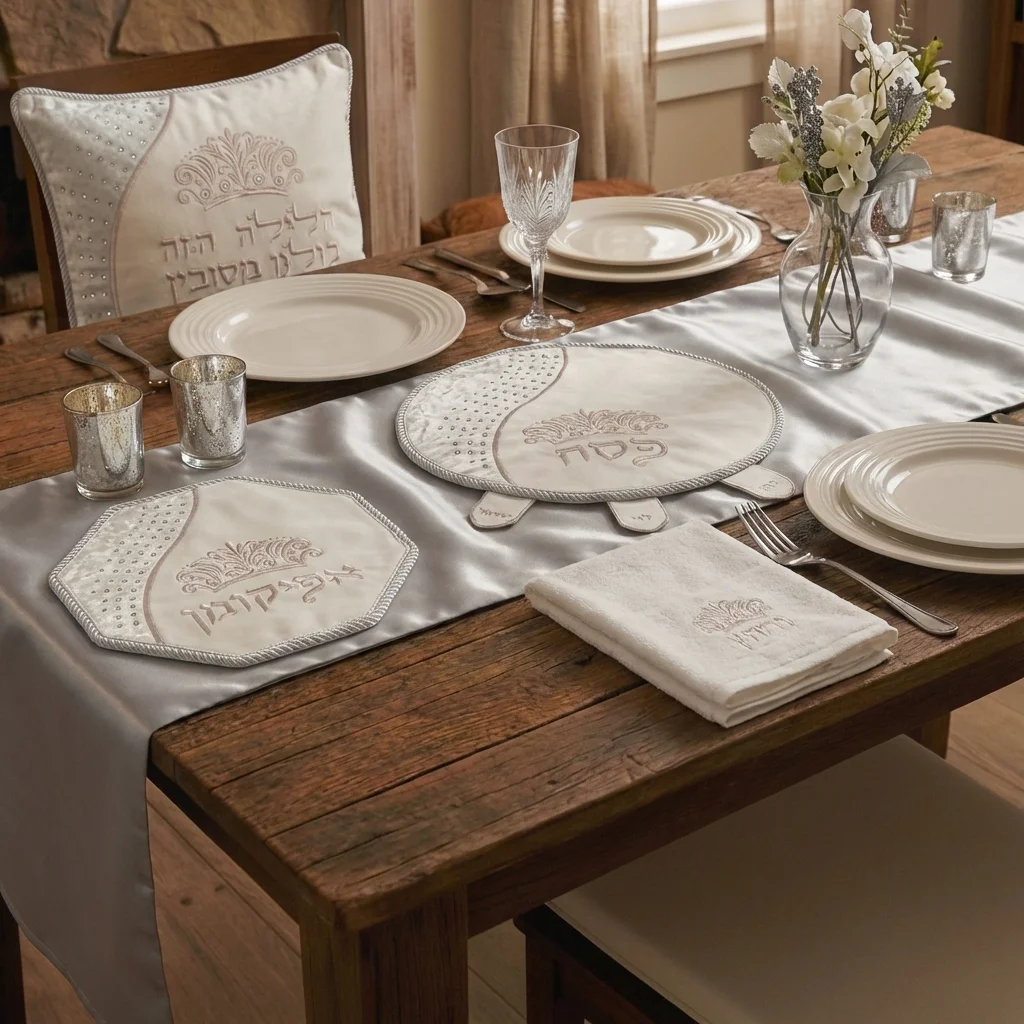 Brockett & Velvet Passover 4 pcs Set: Passover, Afikoman & Pillow Covers with Towel