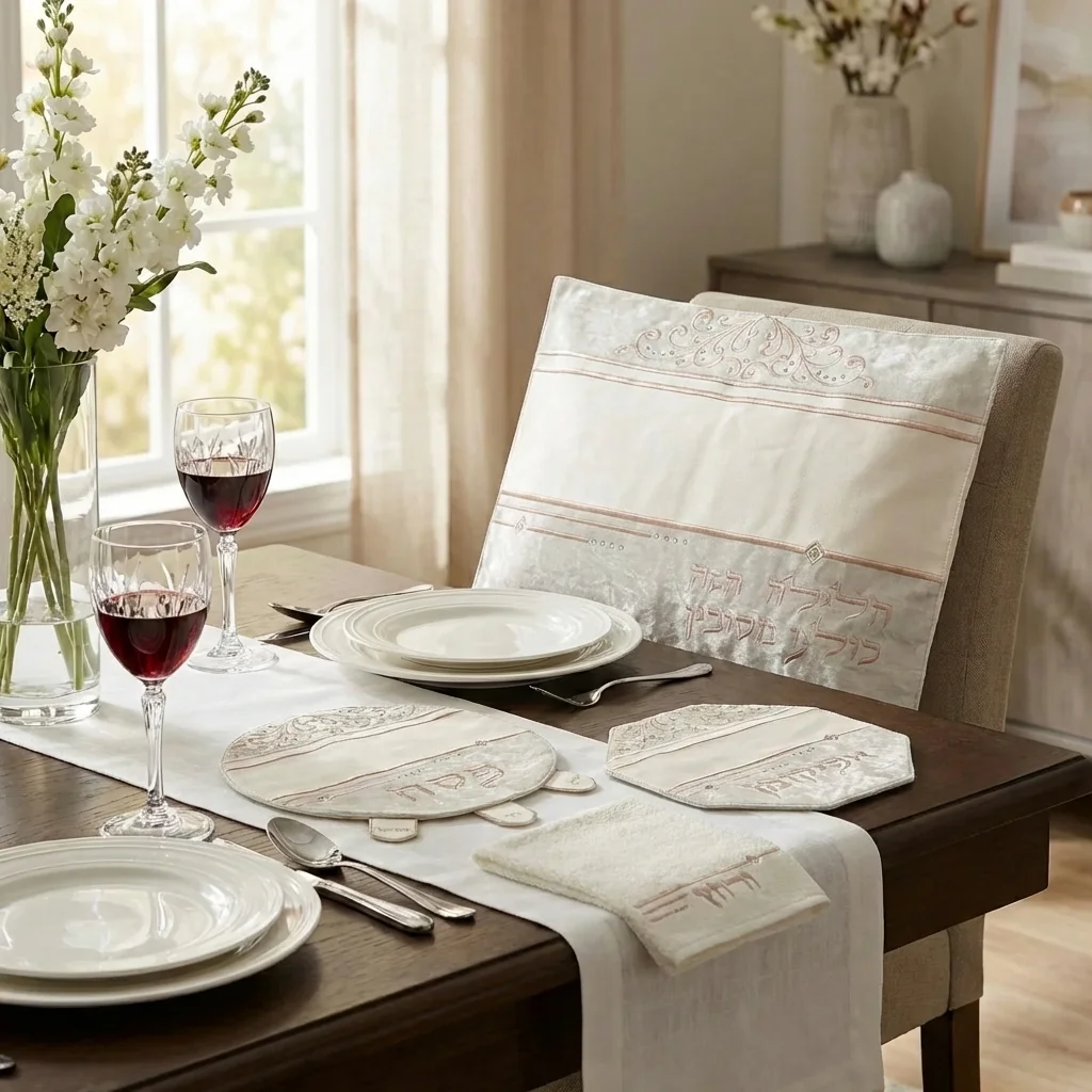 Brockett & Velvet Passover 4 pcs Set: Passover, Afikoman & Pillow Covers with Towel
