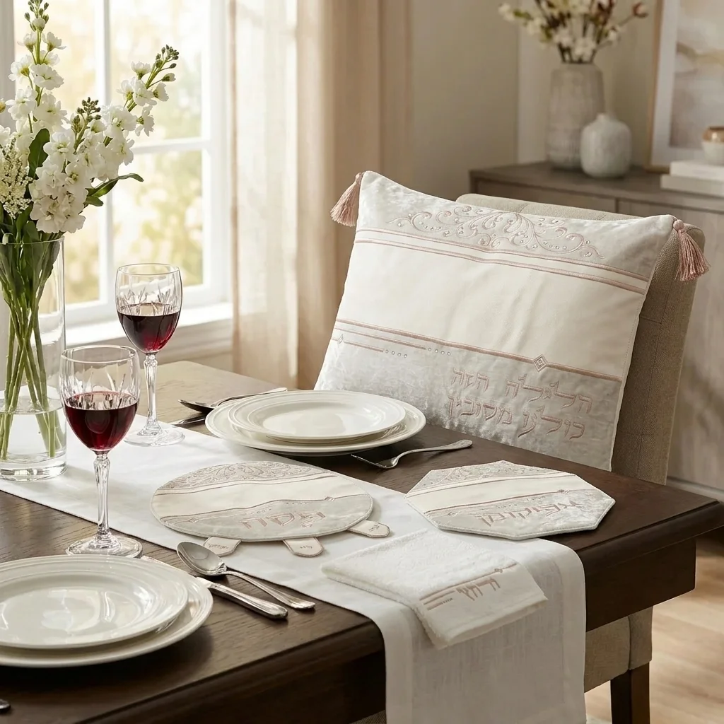 Brockett & Velvet Passover 4 pcs Set: Passover, Afikoman & Pillow Covers with Towel
