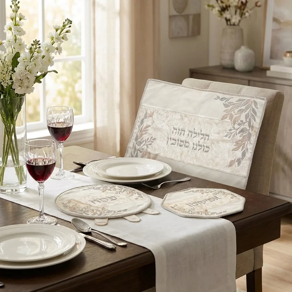 Brockett Passover 4 pcs Set: Matzah, Afikoman, Cover - White, with Embroidery, with Stones