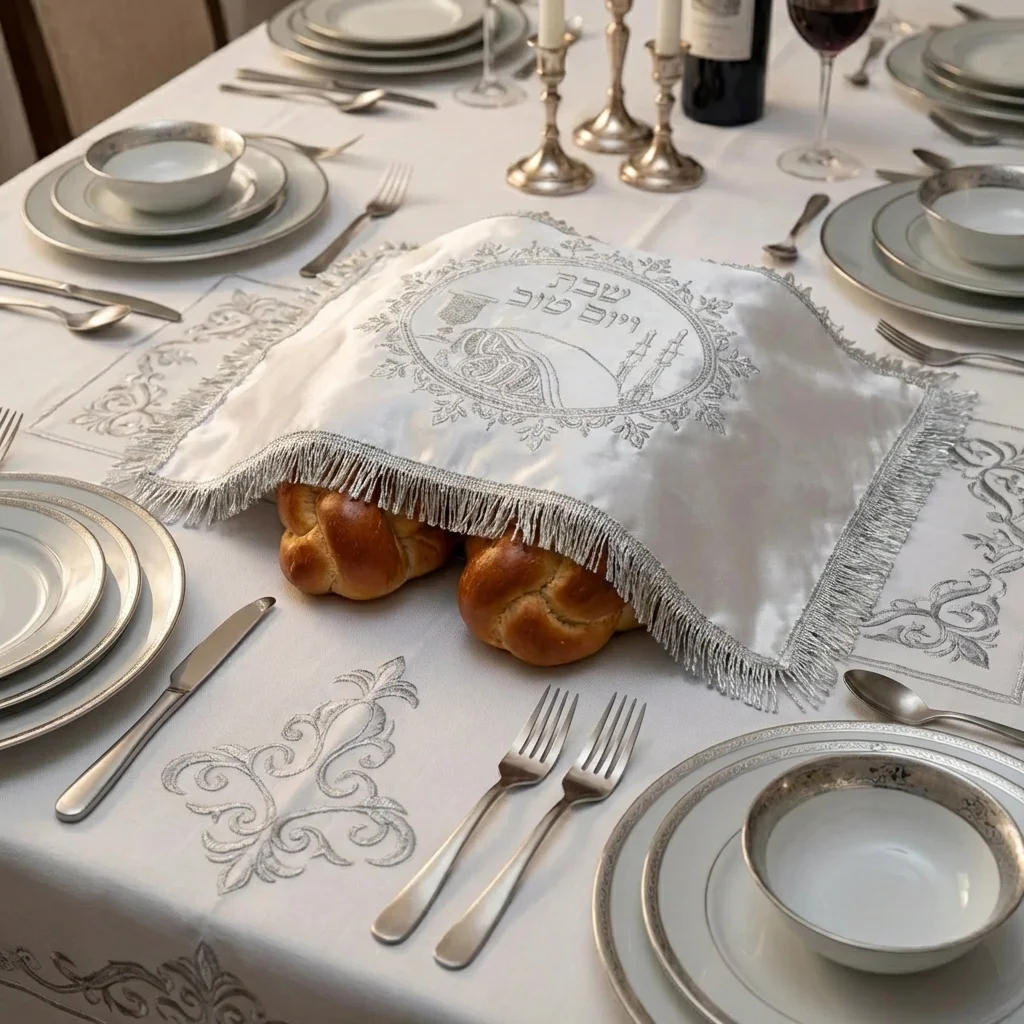 Satin Challah Cover with Round Silver & Gold Embroidery 48x58 cm - White