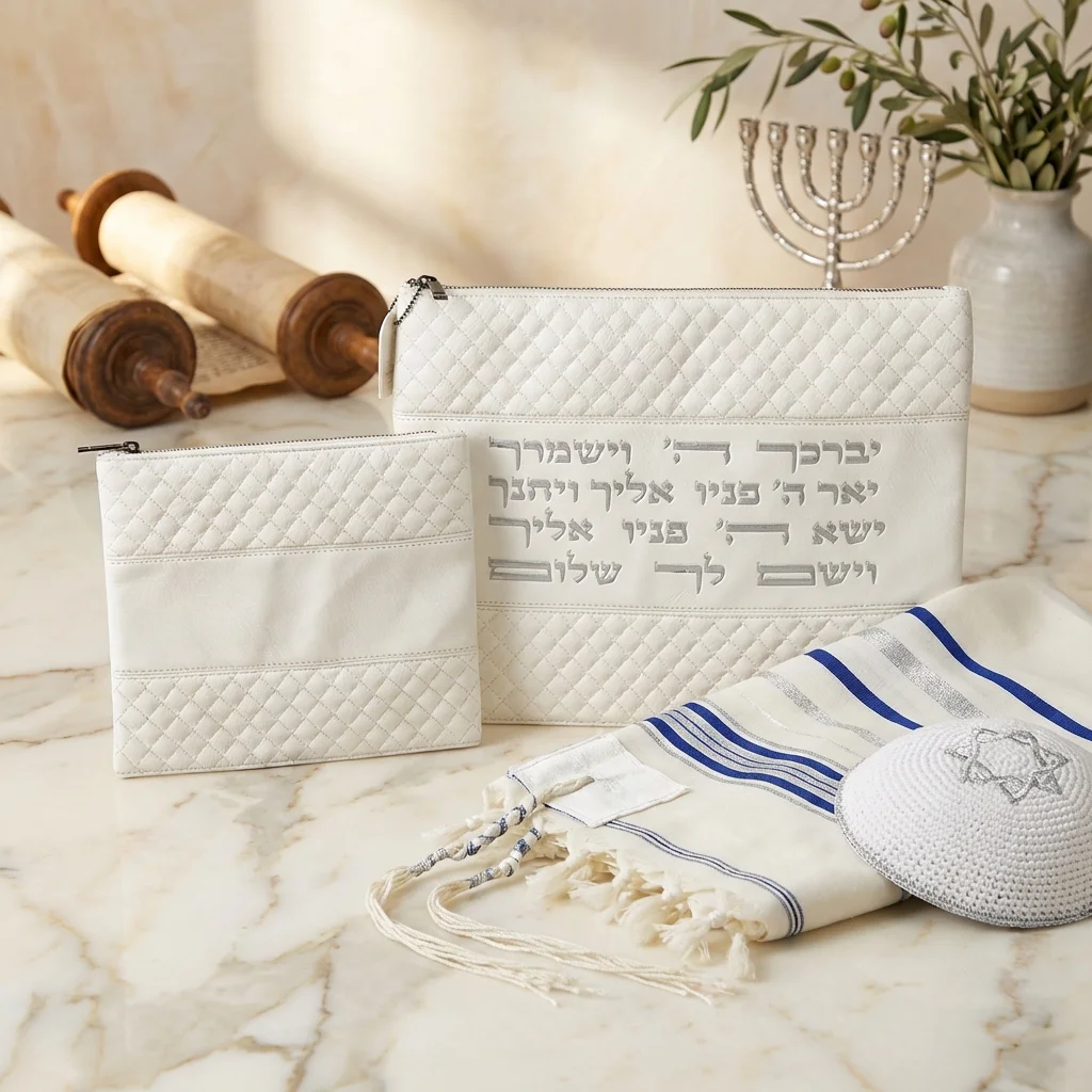 Leatherette Tallit & Tefillin Set 38*31 cm - White with Embossed Letters - Silver