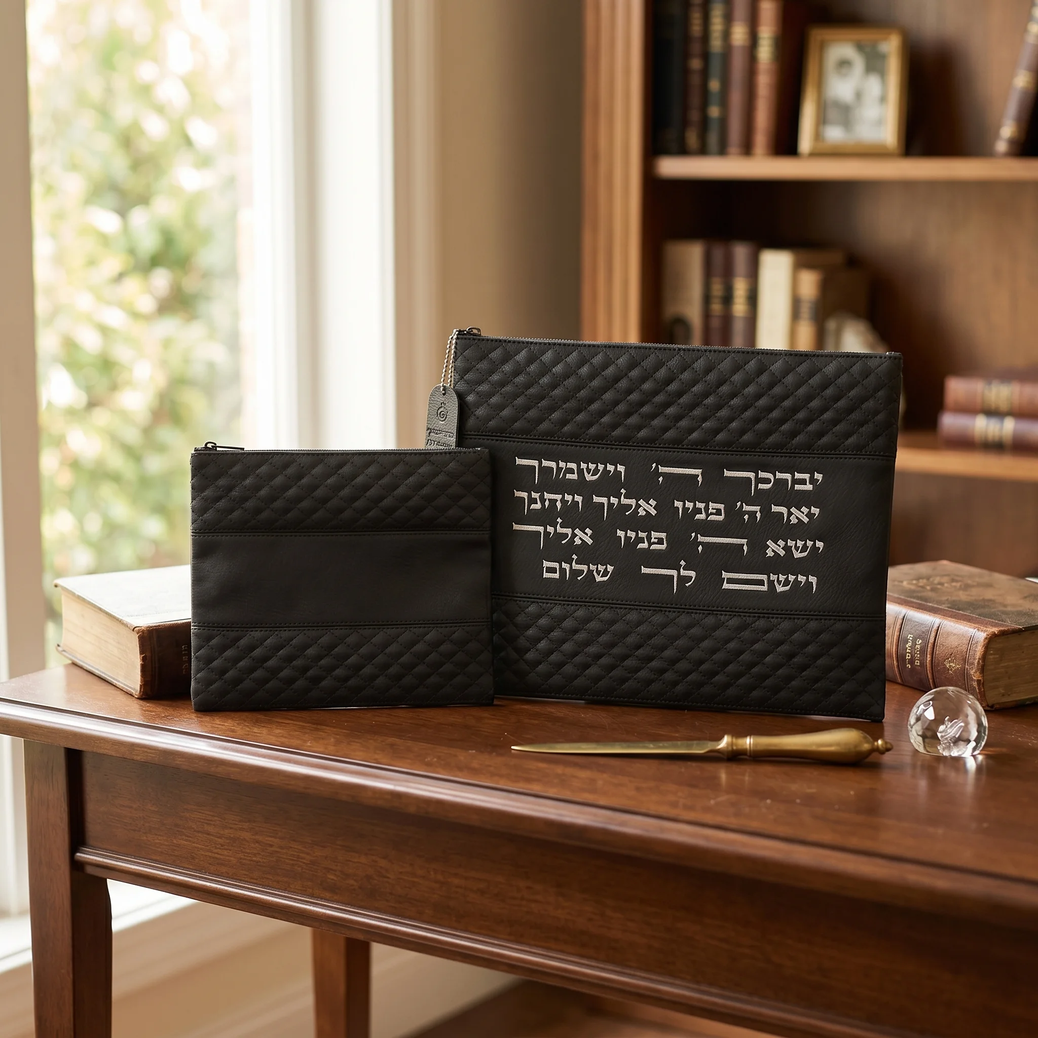Leatherette Tallit & Tefillin Set 38*31 cm - Black with Embossed Letters - Silver