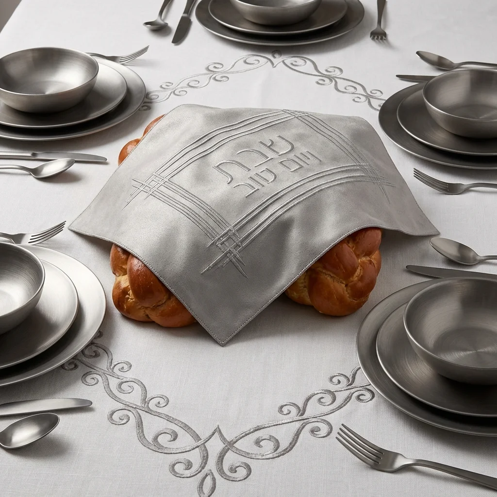 Leatherette Challah Cover 61*45cm - Silver, with Embroidery