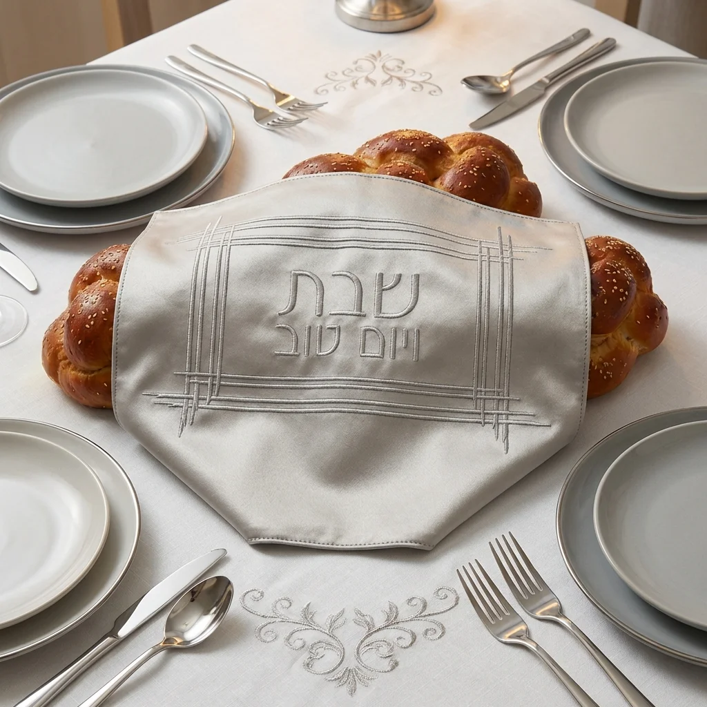 Leatherette Challah Cover 61*45cm - White, with Embroidery