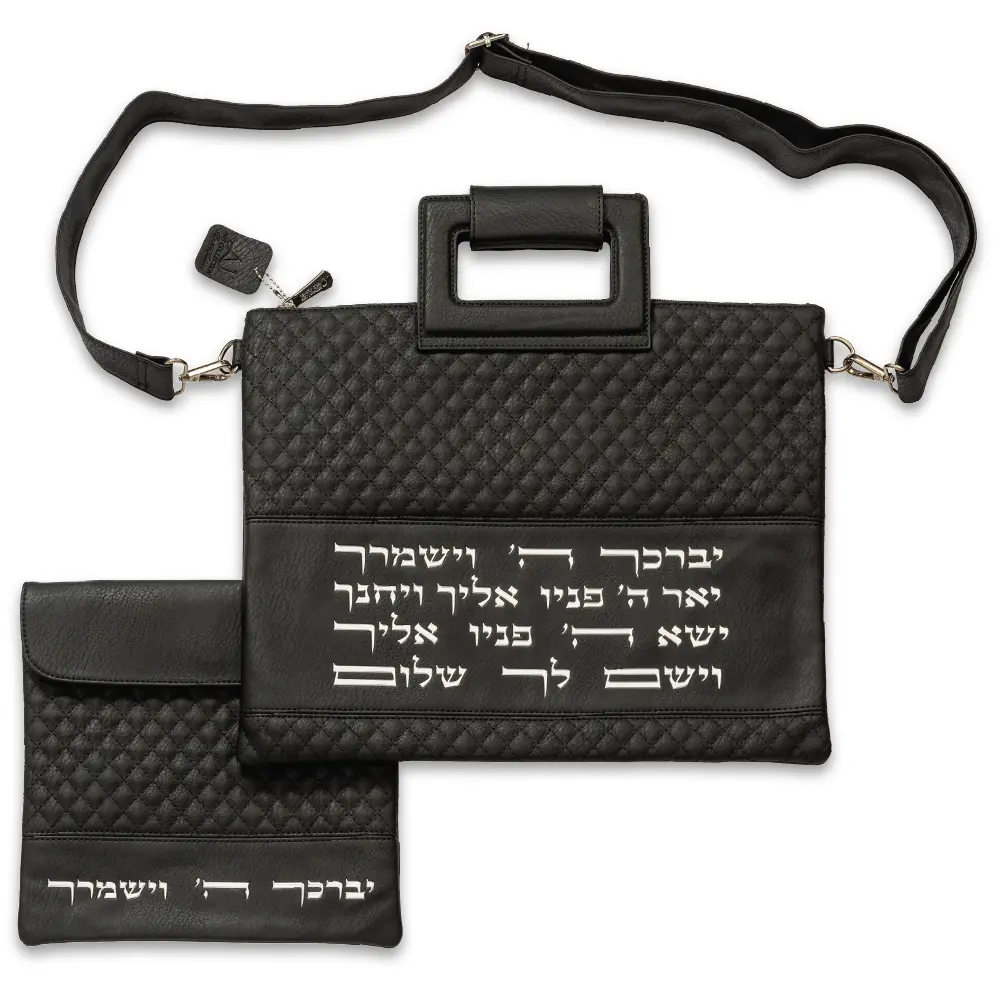 Faux Leather Talit - Tefilin Set 36*29 cm with Bold Embroidery - Black